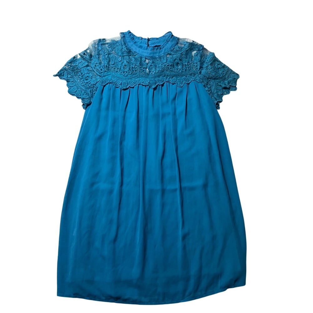 Teal Blue Lace Yoke Shift Dress Short Sleeve Keyhole Back Size M
